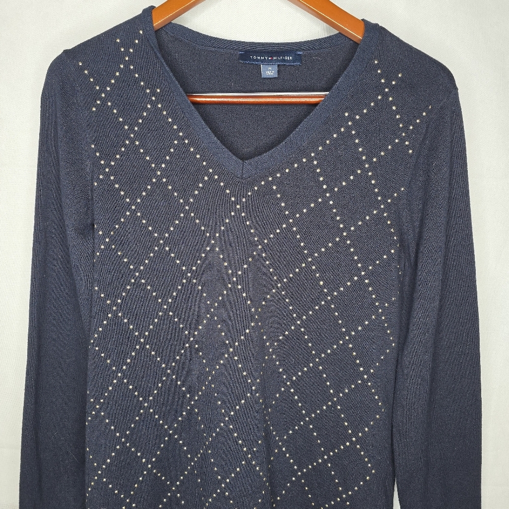 Tommy Hilfiger Sweater Navy Blue Long Sleeve Pullover Gold Metallic Embellished